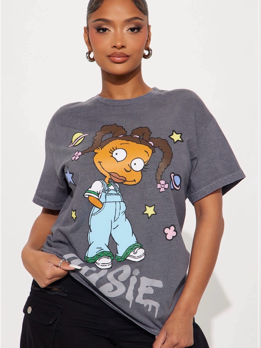 Fashion Nova Charcoal Gray Graphic Tee with Colorful Cartoon Print